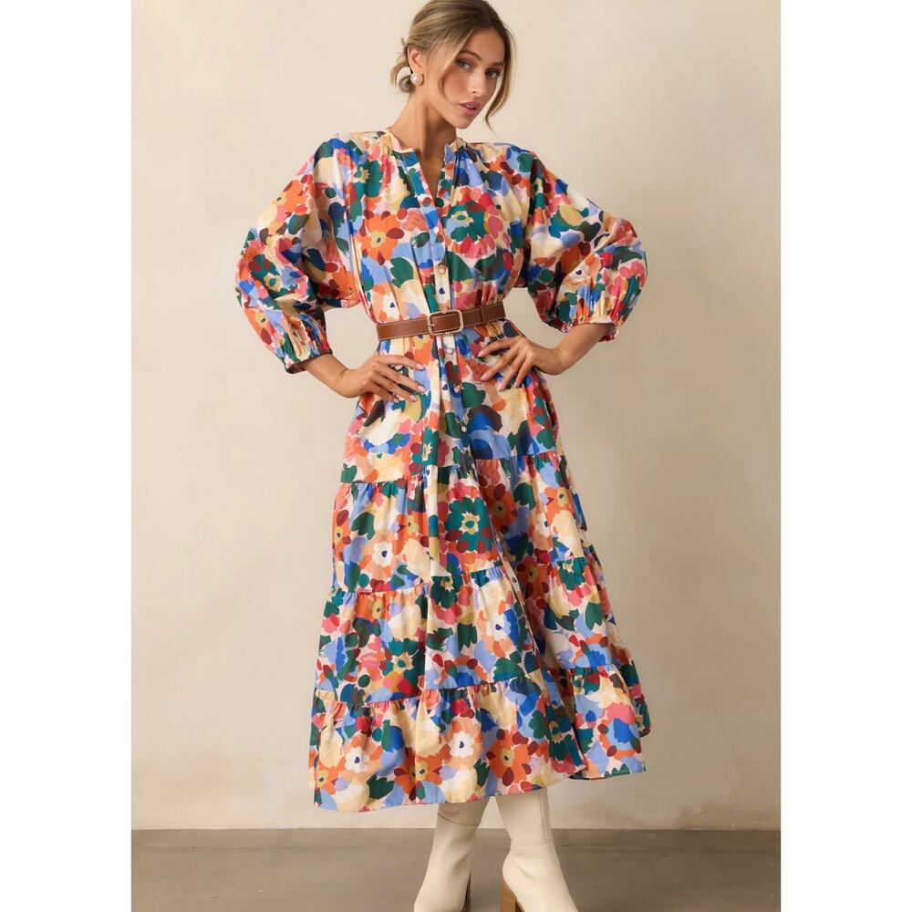 PROSPERINA ADELAIDE ORANGE MULTI FLORAL PRINT COTTON MAXI DRESS - Picture 3 of 8